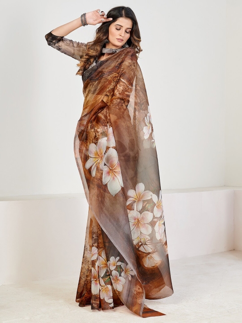 

SHOPGARB Coffee Brown & White Floral Organza Block Print Saree