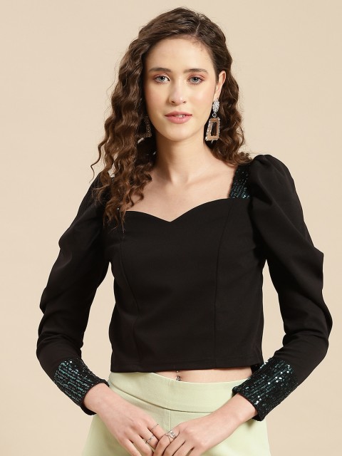 

WoowZerz Black Sweetheart Neck Sequin Detail Crop Top