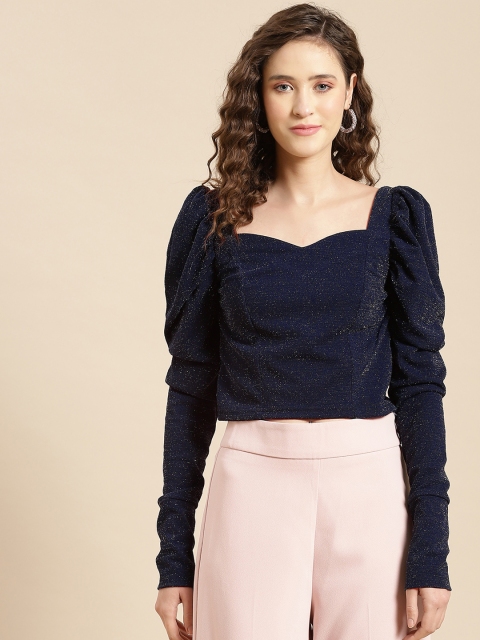 

WoowZerz Navy Blue Sweetheart Neck Puff Sleeves Crop Top