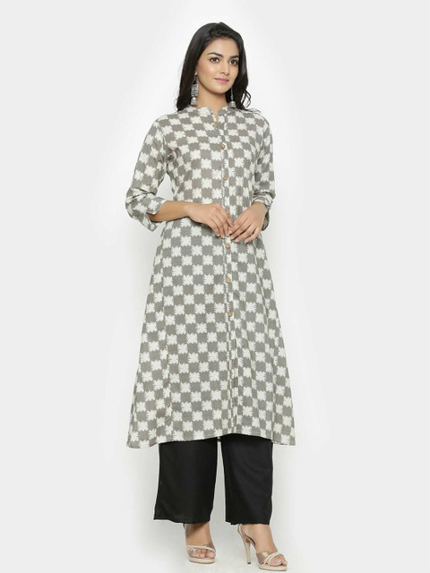 

Tistabene Women Grey & Off-White Checked A-line Kurta