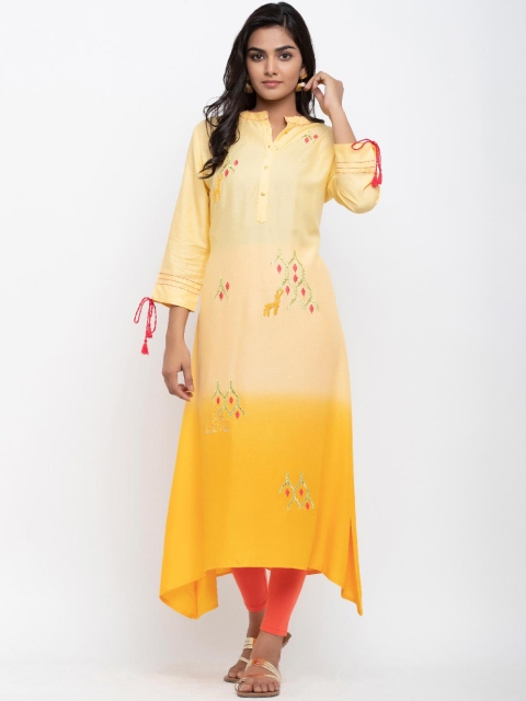 

Tistabene Women Yellow & Cream-Coloured Ethnic Motifs Printed Keyhole Neck Kurta