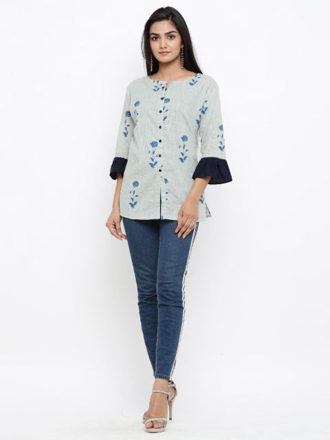 

Tistabene Green & Blue Floral Printed Cotton Panelled Kurti