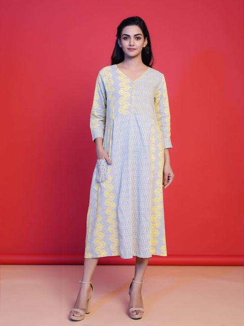 

Tistabene Grey & Yellow Printed A-Line Midi Dress