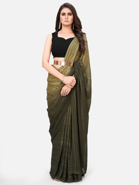 

SHOPGARB Olive Green Striped Satin Saree with Belt