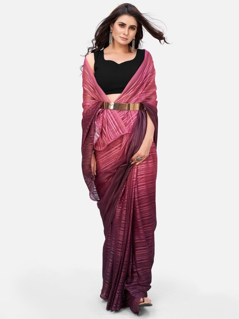 

SHOPGARB Pink & Black Striped Zari Belted Saree