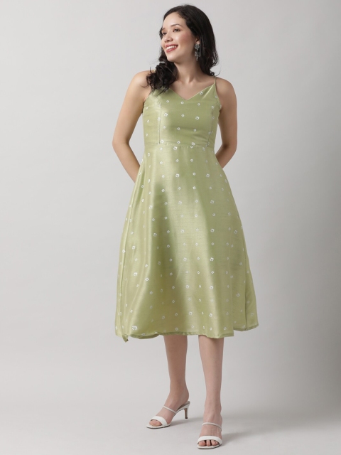 

Saaki Sage Green Floral A-Line Midi Dress