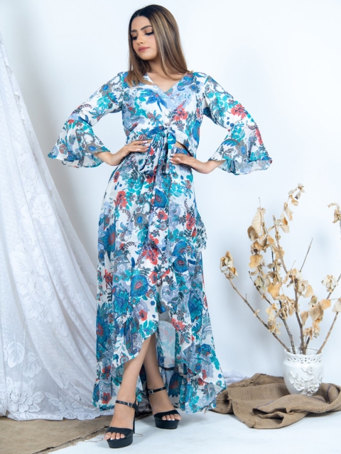 

Tistabene Women Blue & White Hawaiian Escape Printed Top with Skirt