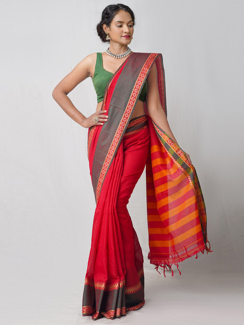 

Unnati Silks Red & Grey Striped Pure Cotton Handloom Sustainable Chettinad Saree