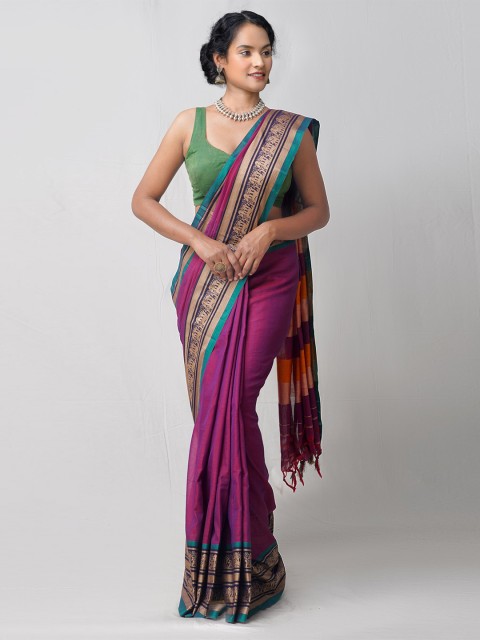 

Unnati Silks Purple & Orange Striped Pure Cotton Handloom Sustainable Chettinad Saree