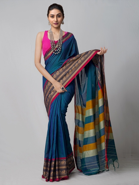 

Unnati Silks Blue & Yellow Striped Pure Cotton Handloom Sustainable Chettinad Saree
