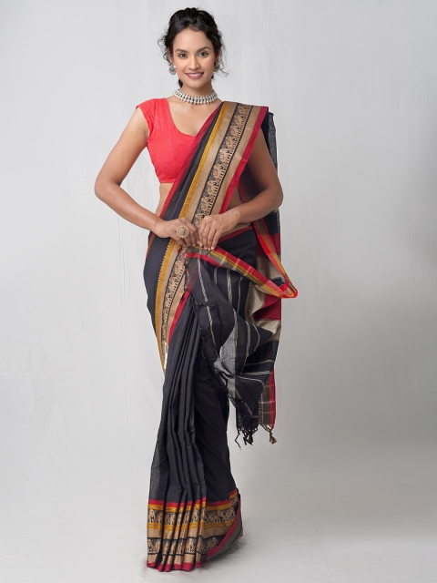 

Unnati Silks Black & Yellow Woven Design Pure Cotton Chettinad Saree