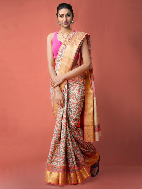 

Unnati Silks Brown & Pink Floral Zari Silk Cotton Maheshwari Saree