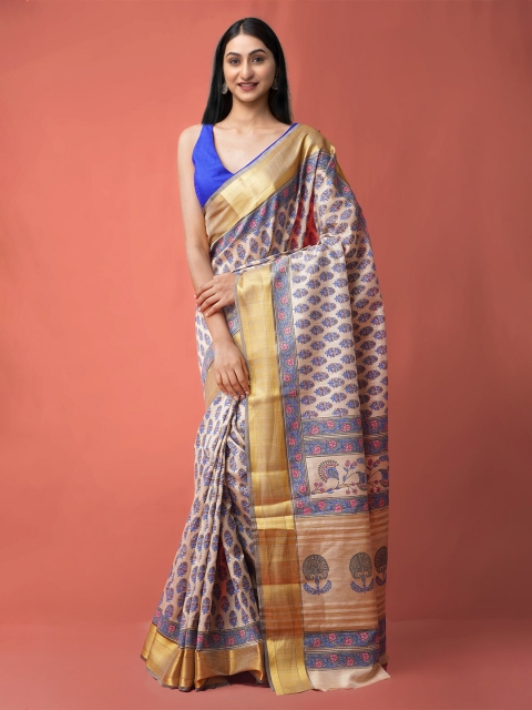 

Unnati Silks Brown & Blue Floral Zari Silk Cotton Maheshwari Saree