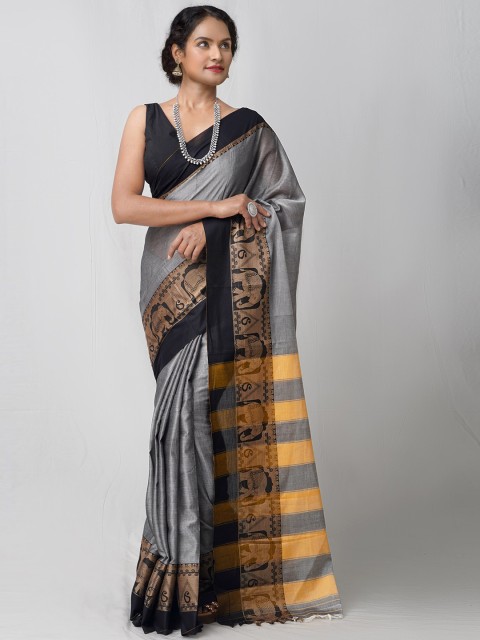 

Unnati Silks Grey & Black Pure Cotton Handloom Sustainable Pavani Narayan Peth Saree