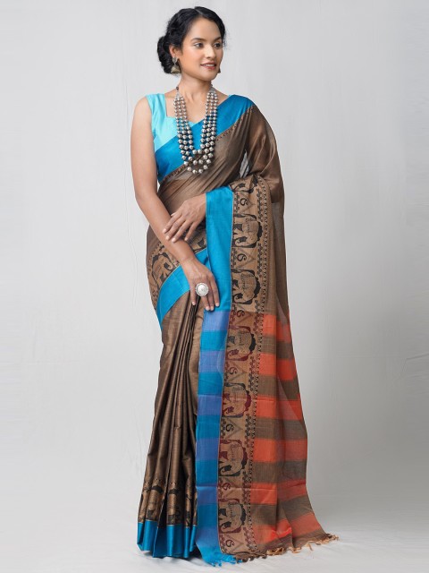 

Unnati Silks Grey & Blue Woven Design Pure Cotton Handloom Sustainable Narayan Peth Saree