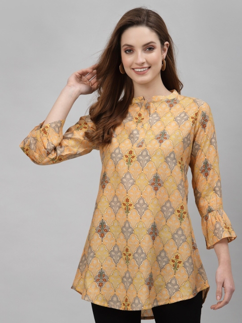 

TANKHI Yellow & Grey Ethnic Motifs Printed A-line Kurti