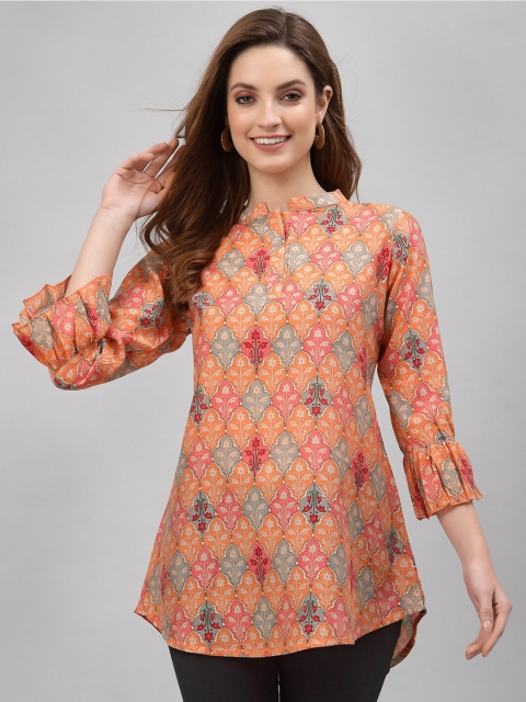 

TANKHI Orange & Pink Modal Mandarin Collar Printed Tunic