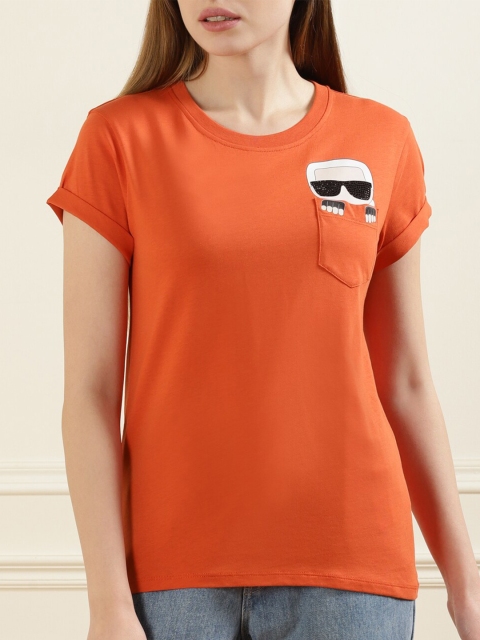 

LAGERFELD Women Orange Pure Cotton Pockets T-shirt