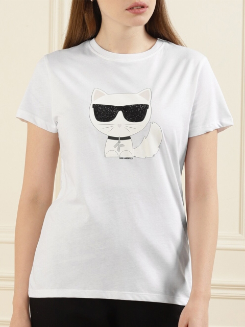 

LAGERFELD White Graphic Print Pure Cotton Knitted Top