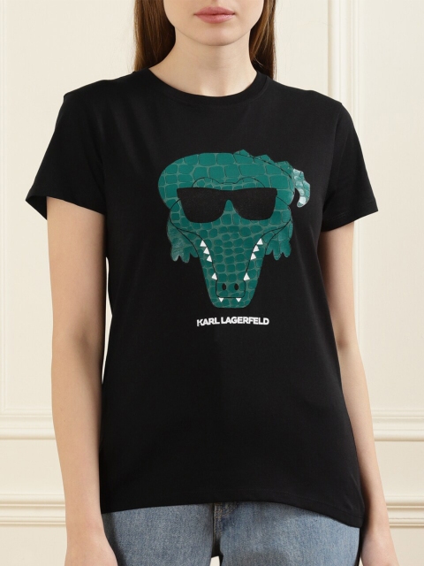 

LAGERFELD Women Black Printed Pure Cotton T-shirt