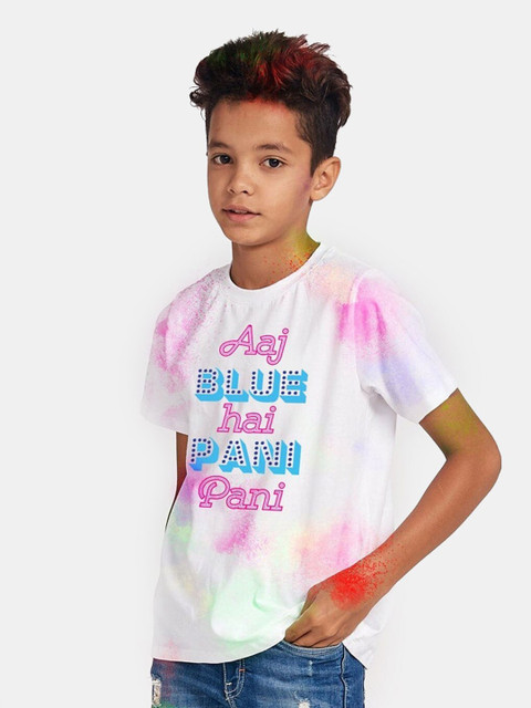 

BONKIDS Boys White Aaj Blue Hai Holi Round Neck T-shirt