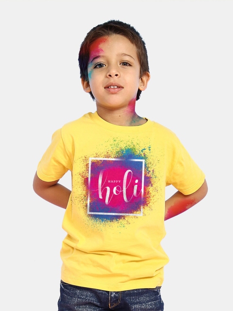 

BONKIDS Boys Yellow Happy Holi Round Neck T-shirt