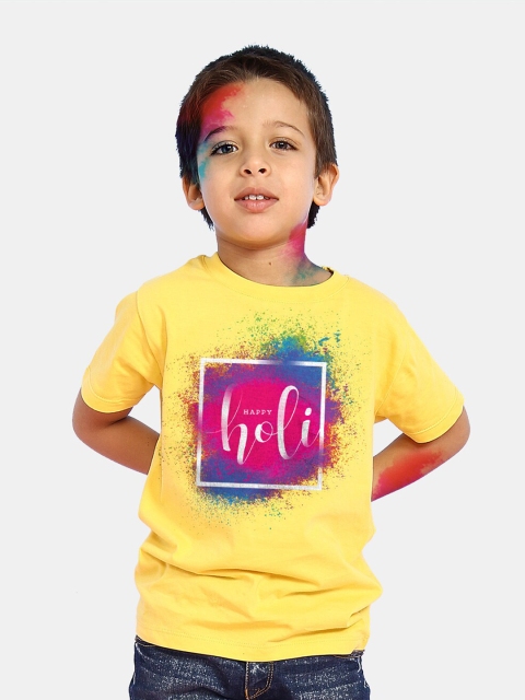 

BONKIDS Boys Yellow Happy Holi Round Neck T-shirt