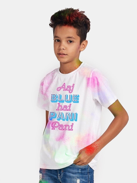 

BONKIDS Boys White Aaj Blue Hai Holi Round Neck T-shirt