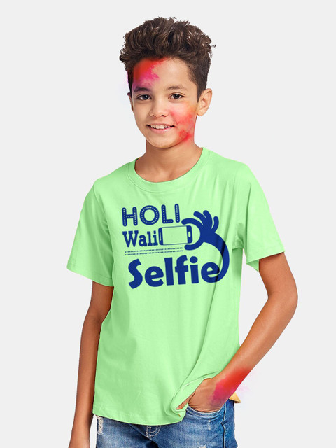 

BONKIDS Boys Green Holi Wali Selfie Holi Round Neck T-shirt