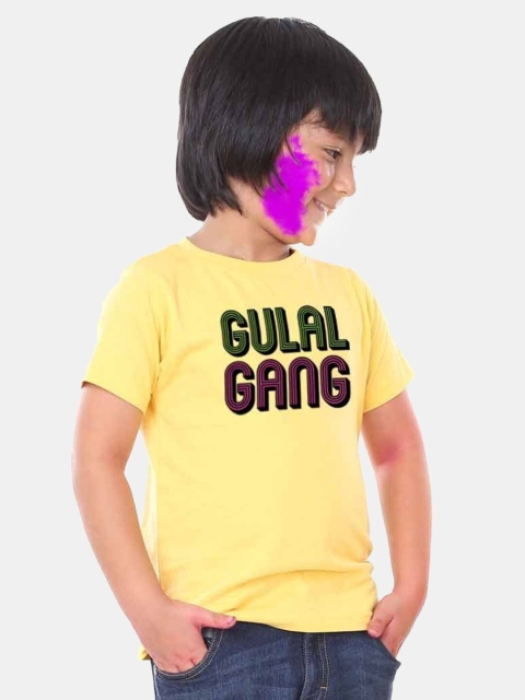 

BONKIDS Boys Yellow Gulal Gang Holi Round Neck T-shirt