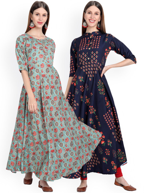

7Threads Women Pack of 2 Navy Blue & Sea Green Floral Printed Anarkali Kurtas