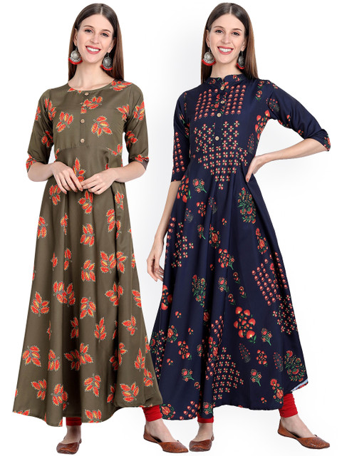 

7Threads Women Pack Of 2 Olive & Navy Blue Floral Printed FCrepe Anarkali Kurta