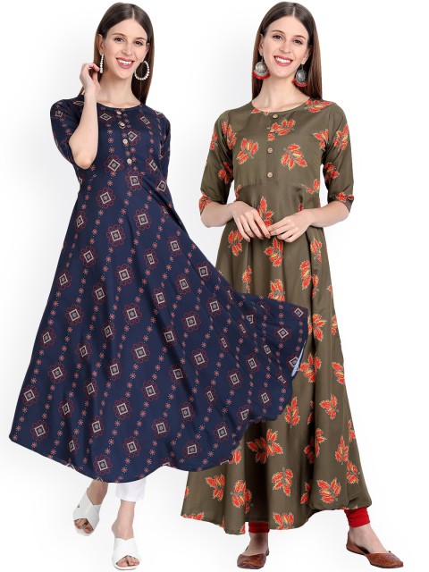 

7Threads Set Of 2 Women Multicoloured Floral Printed Floral Crepe Anarkali Kurta, Multi