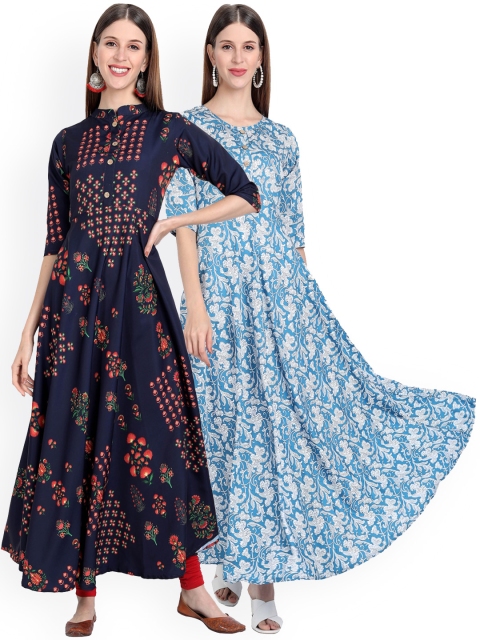 

7Threads Women Pack of 2 Navy Blue & Blue Floral Printed Crepe Anarkali Kurta