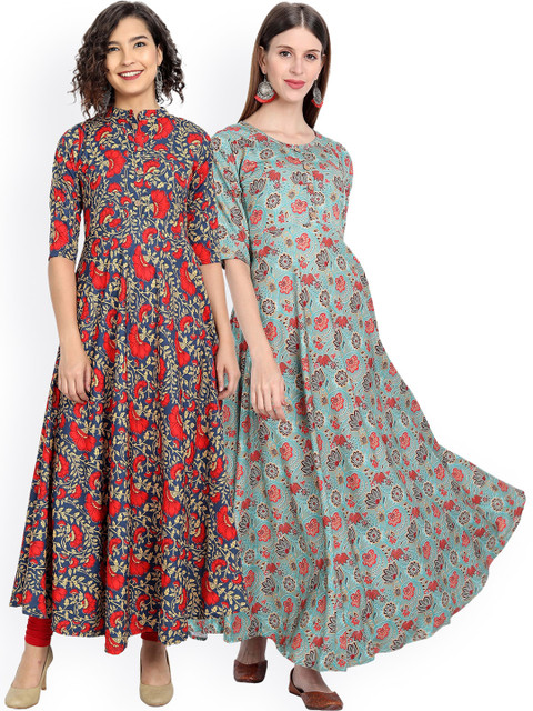 

7Threads Women Pack Of 2 Sea Green & Red Floral Printed FCrepe Anarkali Kurta