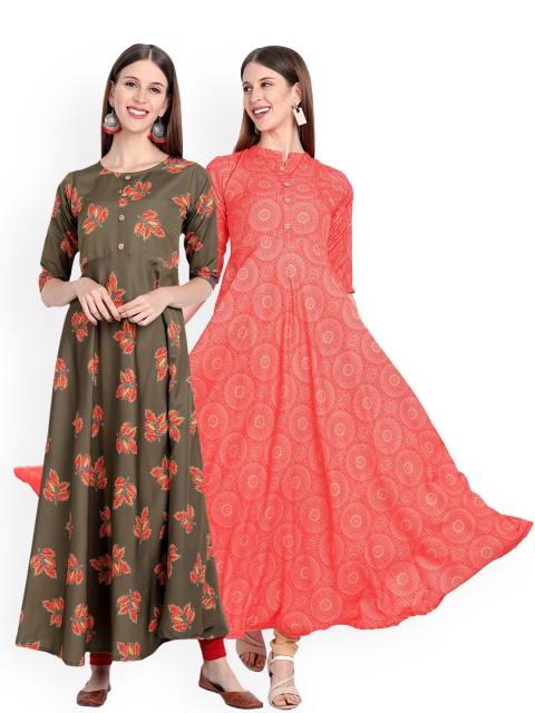 

7Threads Women Pack of 2 Ethnic Motifs Printed Floral Crepe Anarkali Kurta, Mustard