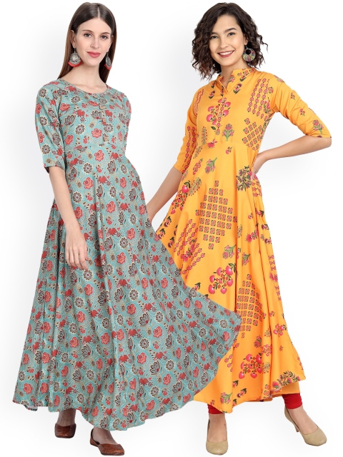 

7Threads Women Pack Of 2 Green & Yellow Printed Crepe Anarkali Kurta