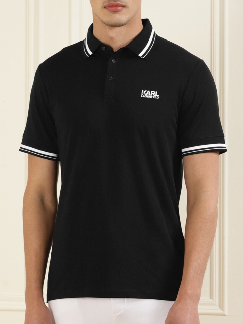 

LAGERFELD Men Black Polo Collar Pure Cotton T-shirt