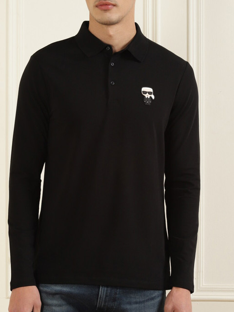 

LAGERFELD Men Black Polo Collar Pure Cotton Monochrome T-shirt
