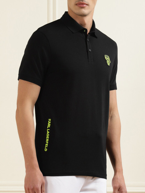

LAGERFELD Men Black Polo Collar Applique T-shirt