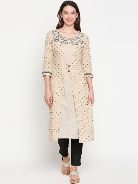 

Lobaanya Women Beige & Black Ethnic Motifs Printed Thread Work Cotton Kurta