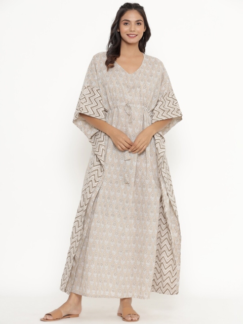 

JISORA Grey Printed Maxi Kaftan Nightdress