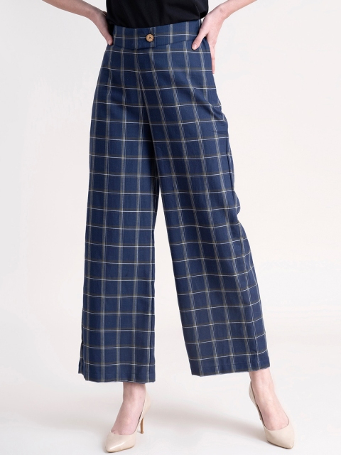 

FableStreet Women Navy Blue Checked Comfort Loose Fit Trousers
