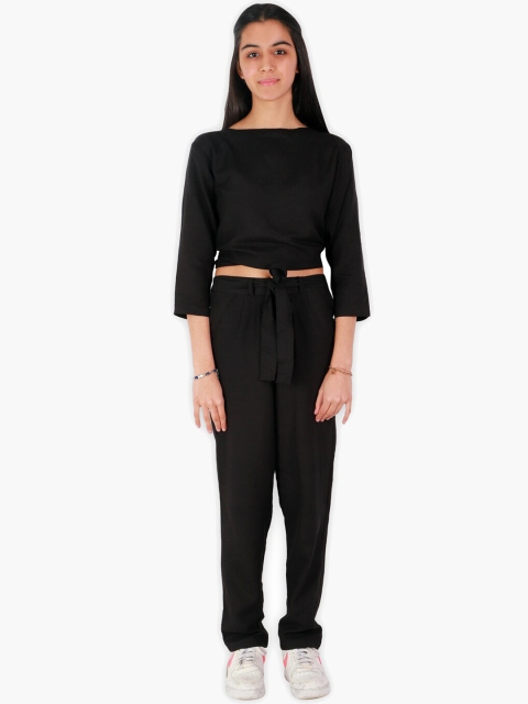 

YK Girls Black Solid Round Neck Top With Trousers