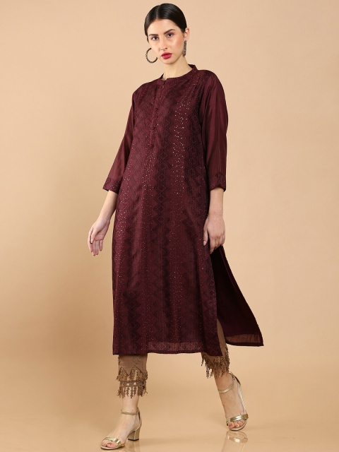 

Soch Women Burgundy Woven Designs Chanderi Kurta, Brown