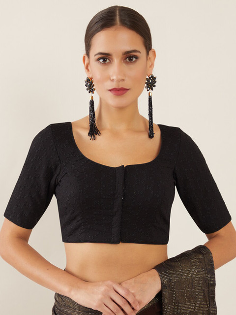 

Soch Women Black Embroidered Cotton U-neck Saree Blouse