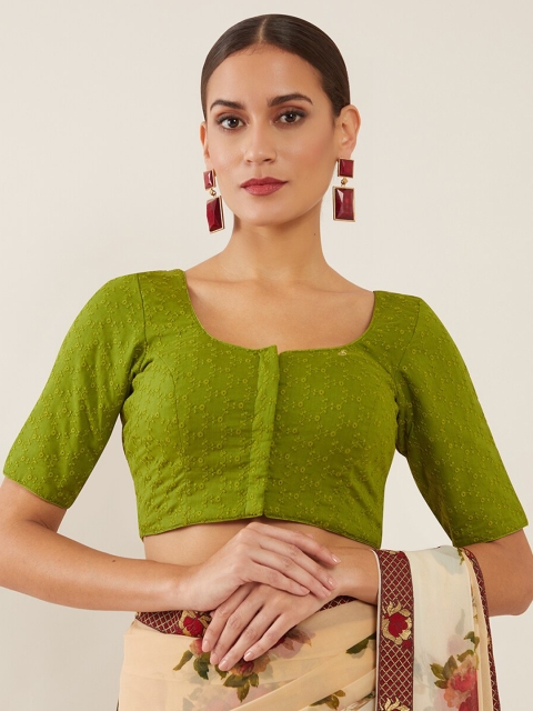 

Soch Women Green Chikankari Embroidered Cotton Saree Blouse