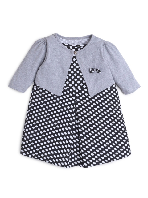 

Hopscotch Girls Black & Grey Polka Dots Printed Layered Pure Cotton A-Line Dress