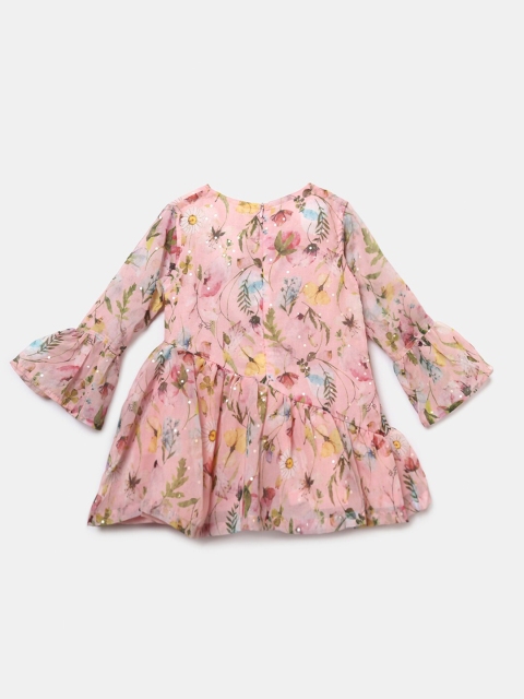 

Hopscotch Girls Pink & Green Floral Printed Pure Cotton A-line Dress