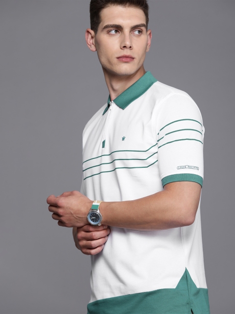

Louis Philippe Men White & Green Striped Polo Collar Regular Sleeves Regular Fit T-shirt